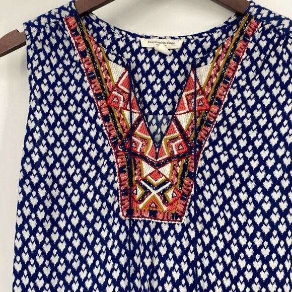 Beach lunch lounge Cover-Up Slip Dress Embroidered V-Neck Tassel  Blue White Mul - Picture 3 of 13